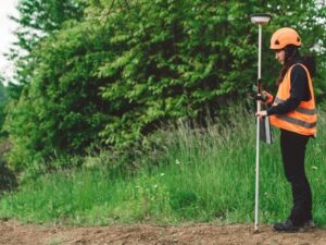 Land surveyor using RTK GPS rover pole to measure elevation and terrain data in grassy outdoor field for boundary and topographic mapping