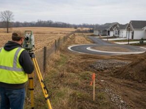 Land surveyor measuring a former farm tract where a new residential cul-de-sac is being developed.