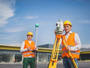 Surveyors performing an ALTA survey on a commercial property before a real estate purchase