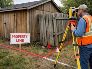 Land surveyor marking a property encroachment boundary near a fence and shed during a property line dispute