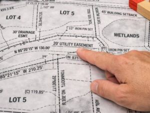 Survey plat map showing property boundaries, utility easements, and lot measurements with a hand pointing to survey details