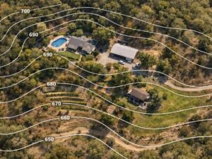 Aerial view of a property with elevation contour lines from a topographic survey