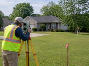 Lot Surveyor locating property corners beside a residential home in Athens, Alabama